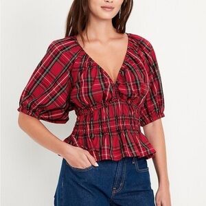 Smocked V-Neck Peplum Top Plaid